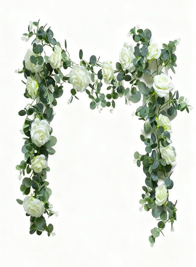 MegaBlues 6FT Artificial Eucalyptus Garland with 14 Fake White Rose Flowers - Floral Greenery Decoration Vine for Runner, Backdrop, Arch Wall Decor,Indoor/Outdoor, (1 PCS) - Image 1