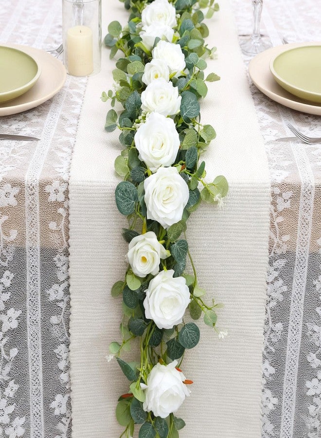 MegaBlues 6FT Artificial Eucalyptus Garland with 14 Fake White Rose Flowers - Floral Greenery Decoration Vine for Runner, Backdrop, Arch Wall Decor,Indoor/Outdoor, (1 PCS) - Image 4