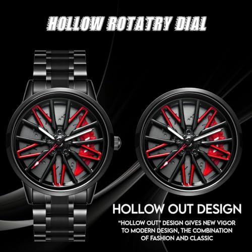 V2A Stainless Steel Vortex Wheel Rolling Series Men's Analog Watch Open Dial Black Strap Watch Car Wheel-Inspired Design, Hollow Out Elegance Casual Watch for Men | Gift for Men (Black-Red) - Image 3