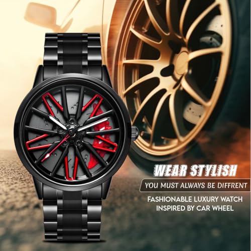 V2A Stainless Steel Vortex Wheel Rolling Series Men's Analog Watch Open Dial Black Strap Watch Car Wheel-Inspired Design, Hollow Out Elegance Casual Watch for Men | Gift for Men (Black-Red) - Image 2