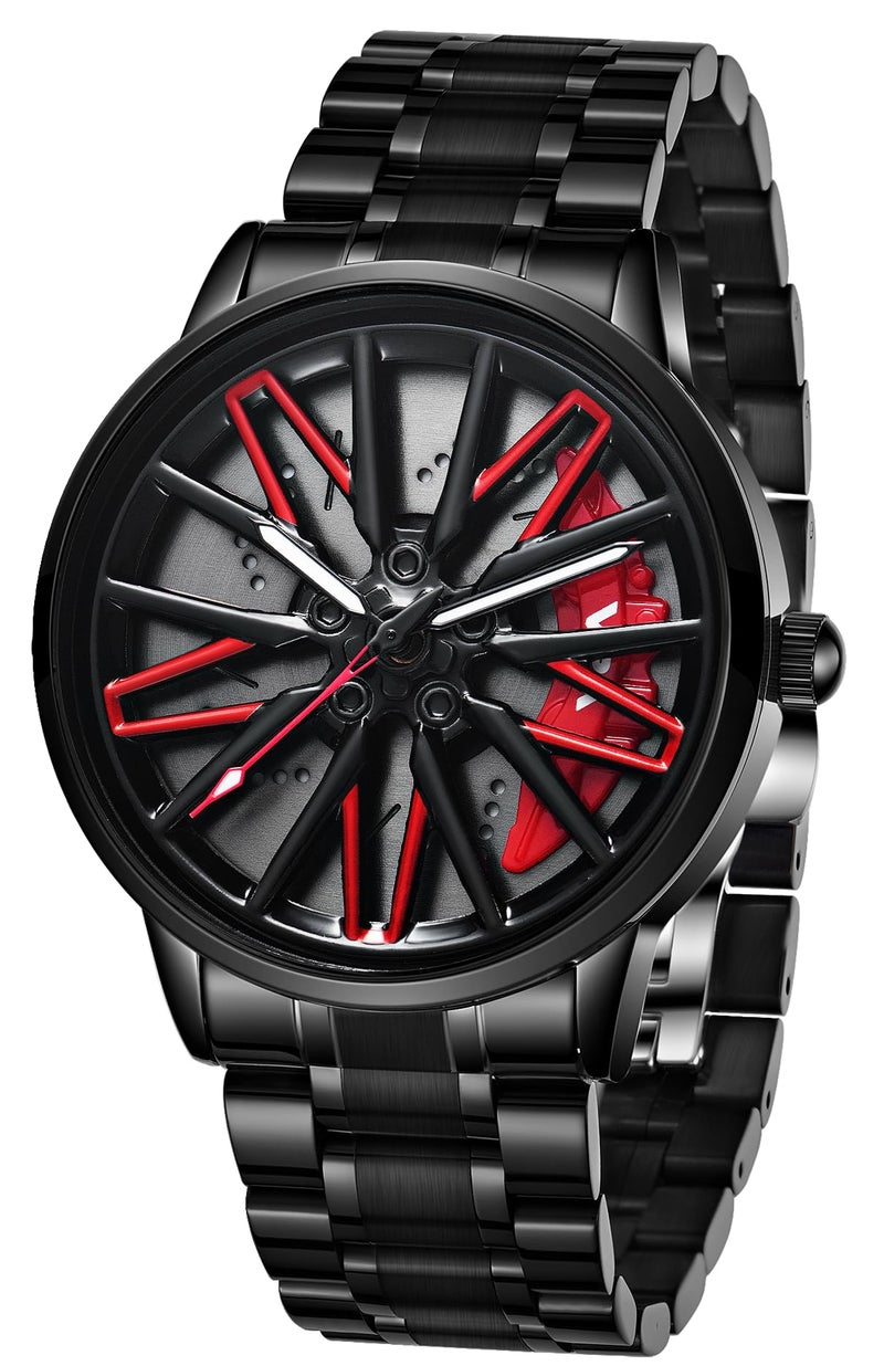 V2A Stainless Steel Vortex Wheel Rolling Series Men's Analog Watch Open Dial Black Strap Watch Car Wheel-Inspired Design, Hollow Out Elegance Casual Watch for Men | Gift for Men (Black-Red) - Image 1