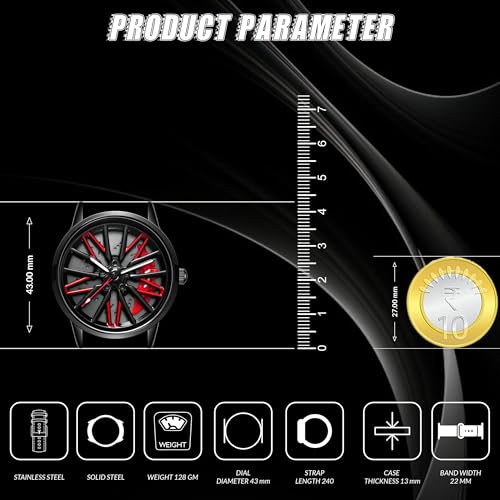 V2A Stainless Steel Vortex Wheel Rolling Series Men's Analog Watch Open Dial Black Strap Watch Car Wheel-Inspired Design, Hollow Out Elegance Casual Watch for Men | Gift for Men (Black-Red) - Image 5