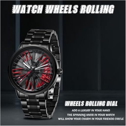 V2A Stainless Steel Vortex Wheel Rolling Series Men's Analog Watch Open Dial Black Strap Watch Car Wheel-Inspired Design, Hollow Out Elegance Casual Watch for Men | Gift for Men (Black-Red) - Image 4
