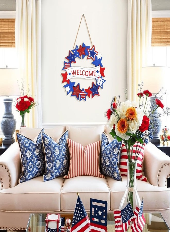 Sophena Wooden 4th of July Decoration Door Wreath for Front Door Sign Star Wall Signs, Independence Day Patriotic Day Wreath Welcome Memorial Day Hanging for Home Wall Decor Party Outdoor Indoor Glitter Star - Image 3