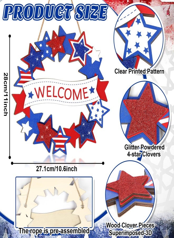 Sophena Wooden 4th of July Decoration Door Wreath for Front Door Sign Star Wall Signs, Independence Day Patriotic Day Wreath Welcome Memorial Day Hanging for Home Wall Decor Party Outdoor Indoor Glitter Star - Image 2