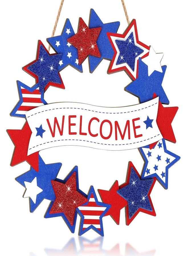 Sophena Wooden 4th of July Decoration Door Wreath for Front Door Sign Star Wall Signs, Independence Day Patriotic Day Wreath Welcome Memorial Day Hanging for Home Wall Decor Party Outdoor Indoor Glitter Star - Image 1