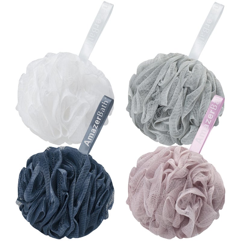 AmazerBath Loofah Sponge 75g/Piece, Exfoliating Bath Sponge Body Scrubber - Loofa Set of 4 Grey Blue-Pink-Grey-White (Large) - Image 1