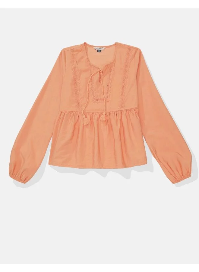 American Eagle AE Tie-Front Long-Sleeve Peasant Top