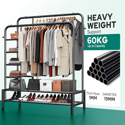 ZHKINGGS Clothes Rack, Double Rods Clothing Rack with 2 Bottom Shelves & 4 Side Shelves, Metal Garment Rack for Hanging Clothes, Heavy Duty Clothes Rack for Bedroom, Laundry, Living Room, Black - Image 2