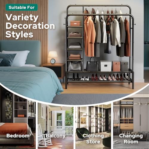 ZHKINGGS Clothes Rack, Double Rods Clothing Rack with 2 Bottom Shelves & 4 Side Shelves, Metal Garment Rack for Hanging Clothes, Heavy Duty Clothes Rack for Bedroom, Laundry, Living Room, Black - Image 5
