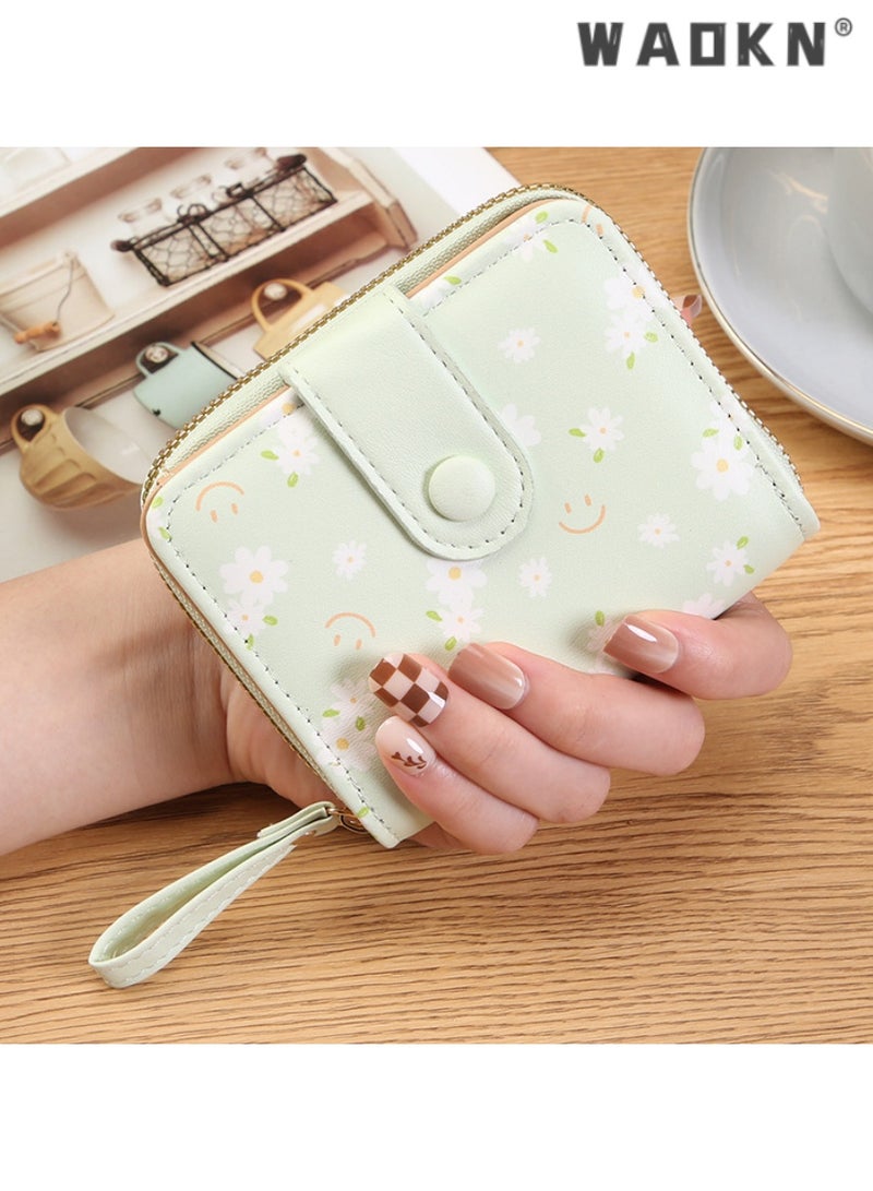WAOKN Fashionable Korean-style Daisy Watercolor Art Print Short Women's Zippered Wallet, Delicate and Compact with Multiple Card Slots and Coin Compartment（Green）  - Image 1