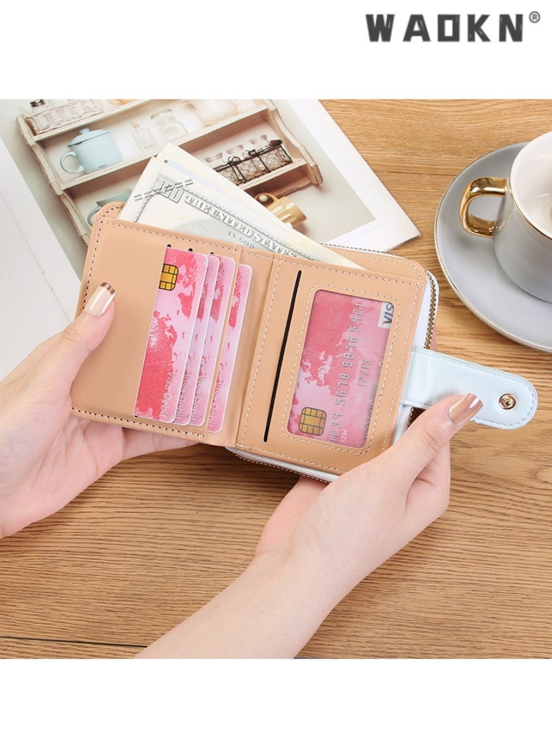 WAOKN Fashionable Korean-style Daisy Watercolor Art Print Short Women's Zippered Wallet, Delicate and Compact with Multiple Card Slots and Coin Compartment（Green）  - Image 2