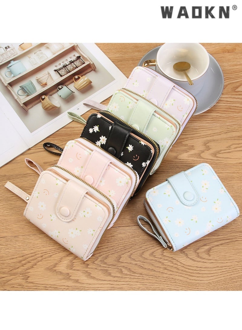 WAOKN Fashionable Korean-style Daisy Watercolor Art Print Short Women's Zippered Wallet, Delicate and Compact with Multiple Card Slots and Coin Compartment（Green）  - Image 5