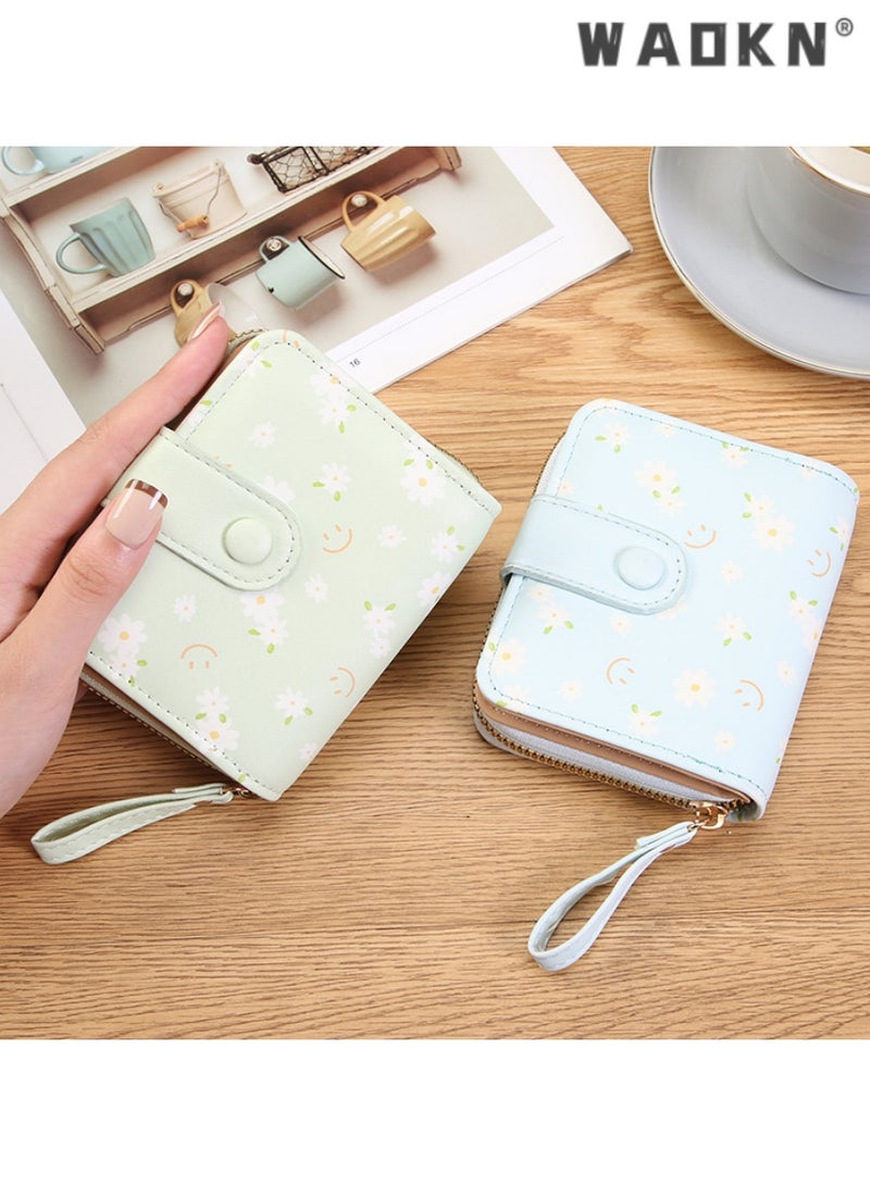 WAOKN Fashionable Korean-style Daisy Watercolor Art Print Short Women's Zippered Wallet, Delicate and Compact with Multiple Card Slots and Coin Compartment（Green）  - Image 4