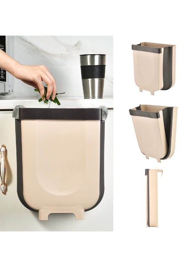 Hanging Trash Can Kitchen Cabinet Door Hanging Trash Small Compact Garbage Can Hanging Cabinet Trash Plastic Bag Holder Hanging Waste Basket 9L Brown - Image 1