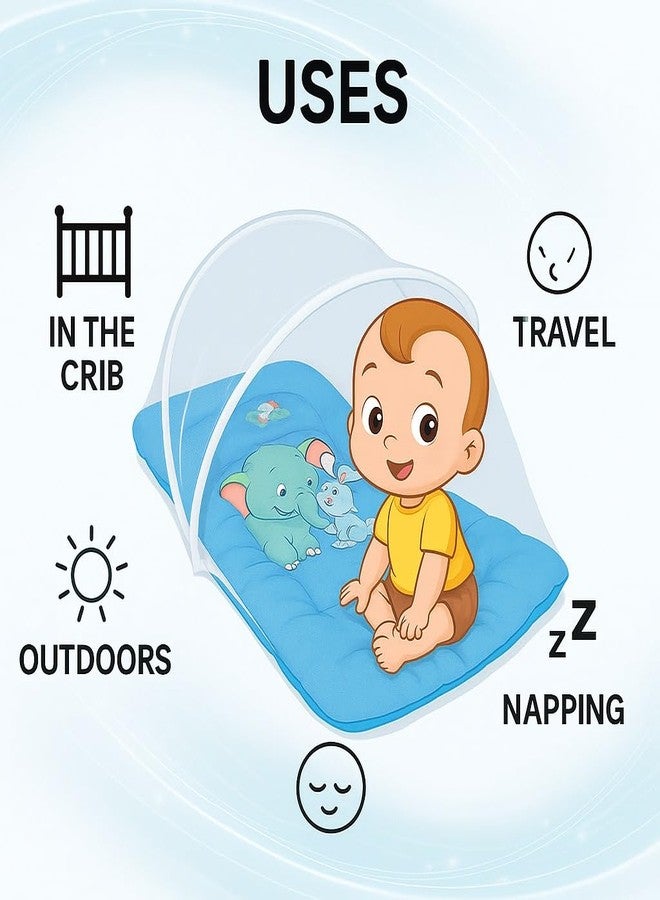 ink craft Baby Bed with Mosquito Net | Cotton Portable New Born Baby Bedding Set, Travel Friendly Insect Zip Protector, Sleeping Baby Playmats (Blue, Random Print) - Image 3