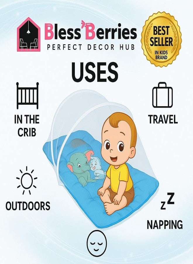 ink craft Baby Bed with Mosquito Net | Cotton Portable New Born Baby Bedding Set, Travel Friendly Insect Zip Protector, Sleeping Baby Playmats (Blue, Random Print) - Image 5
