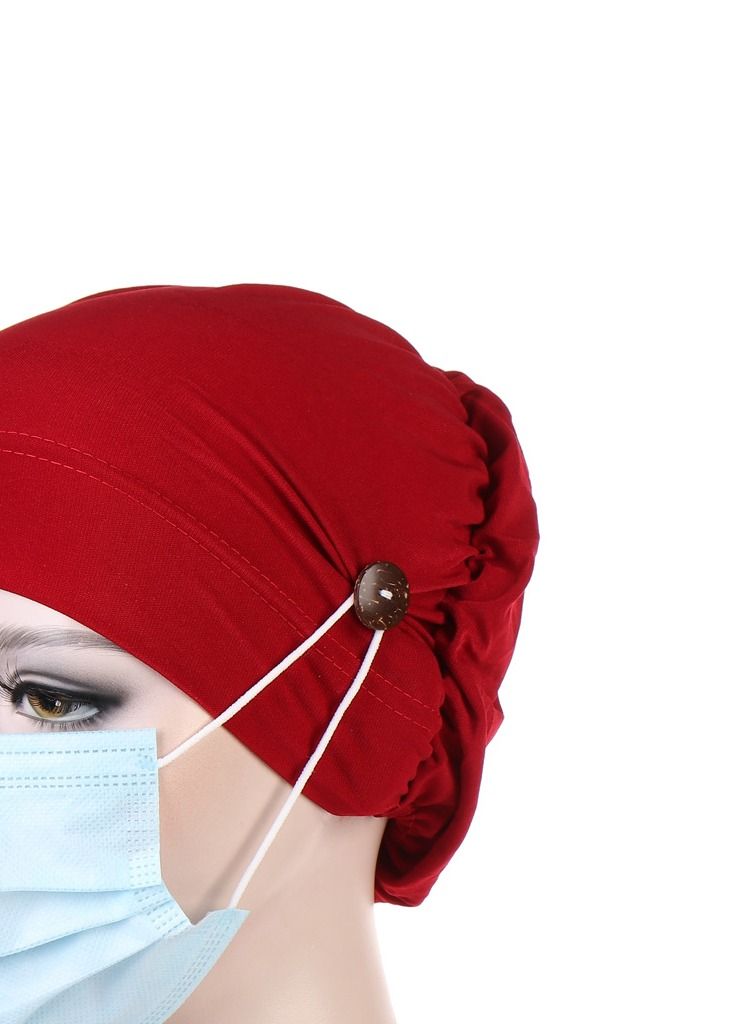 Loquat Solid Button Pullover Cap Wine Red  - Image 3