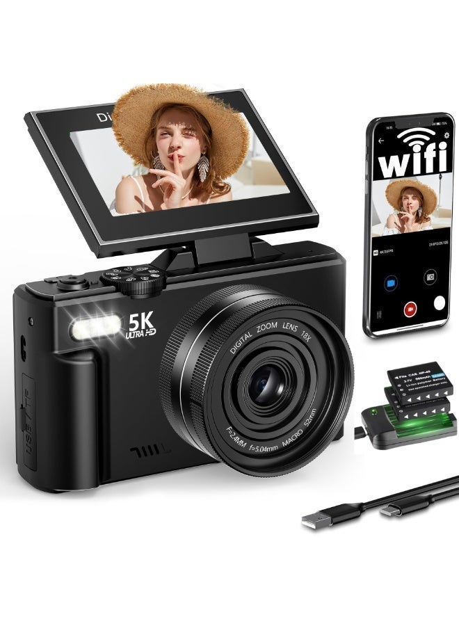 ميلاتيك كاميرا رقمية 5K Point and Shoot، كاميرا رقمية بدقة 75 ميجابكسل للتصوير الفوتوغرافي، بطاريتان، عدسة واسعة الزاوية وعدسة ماكرو، مع بطاقة TF سعة 64 جيجابايت، كاميرا رقمية 18X مع شاشة قلابة 3 بوصات 180 درجة، كاميرا فيديو هدية للمبتدئين - Image 1