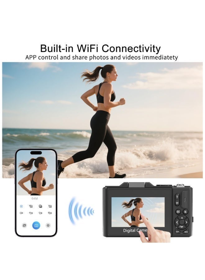 ميلاتيك كاميرا رقمية 5K Point and Shoot، كاميرا رقمية بدقة 75 ميجابكسل للتصوير الفوتوغرافي، بطاريتان، عدسة واسعة الزاوية وعدسة ماكرو، مع بطاقة TF سعة 64 جيجابايت، كاميرا رقمية 18X مع شاشة قلابة 3 بوصات 180 درجة، كاميرا فيديو هدية للمبتدئين - Image 4