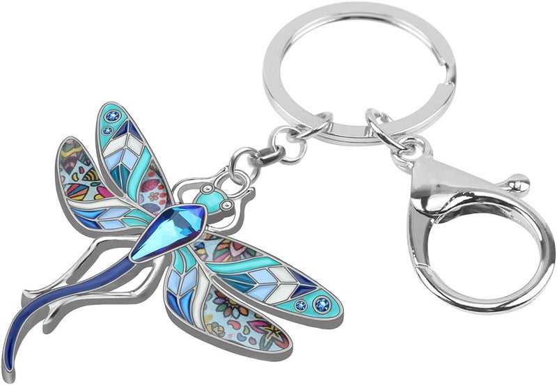 BONSNY Enamel Alloy Rhinestone Floral Dragonfly Keychain for Women - Blue - Image 2