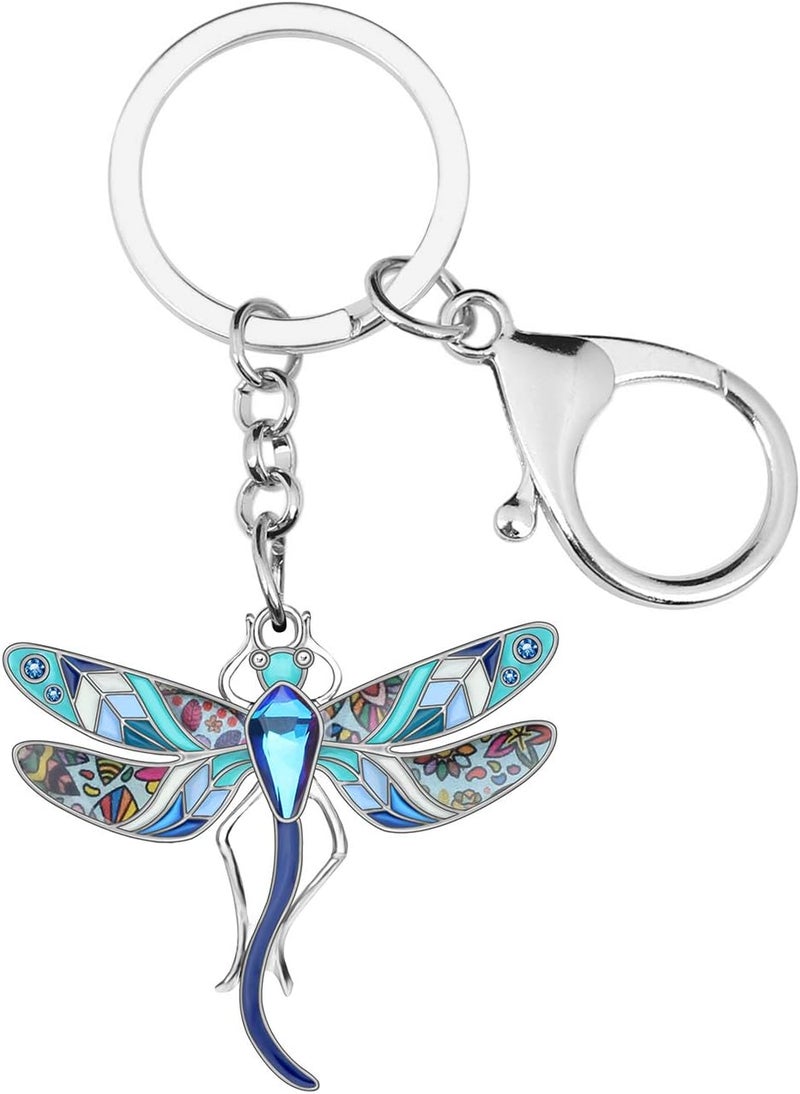 BONSNY Enamel Alloy Rhinestone Floral Dragonfly Keychain for Women - Blue - Image 1
