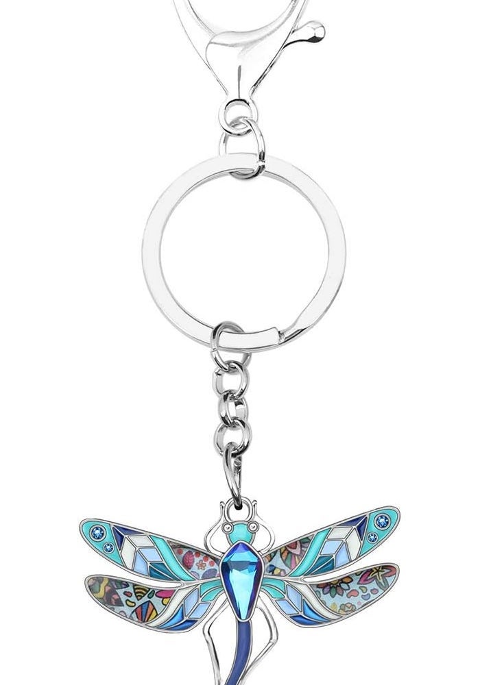 BONSNY Enamel Alloy Rhinestone Floral Dragonfly Keychain for Women - Blue - Image 4