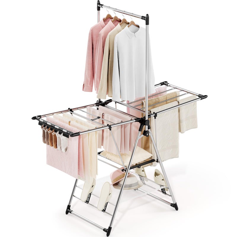 APEXCHASER Clothes Drying Rack with High Hanger, Foldable 3-Level Drying Racks with Shoe Rack, Crossbar and Vertical Rod Laundry Stand with Adjustable Wings Silver - Image 1