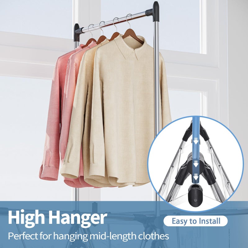 APEXCHASER Clothes Drying Rack with High Hanger, Foldable 3-Level Drying Racks with Shoe Rack, Crossbar and Vertical Rod Laundry Stand with Adjustable Wings Silver - Image 2
