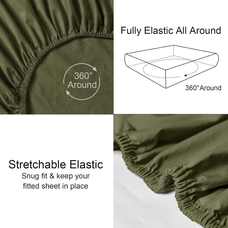 PHF ملاءة سرير كينغ مقاس 100% قطن مغسول (198 سم × 200 سم)، ملاءة قطنية ناعمة مريحة، جيب عميق 40 سم، سهلة التركيب وقابلة للتنفس، زيتوني - Image 5