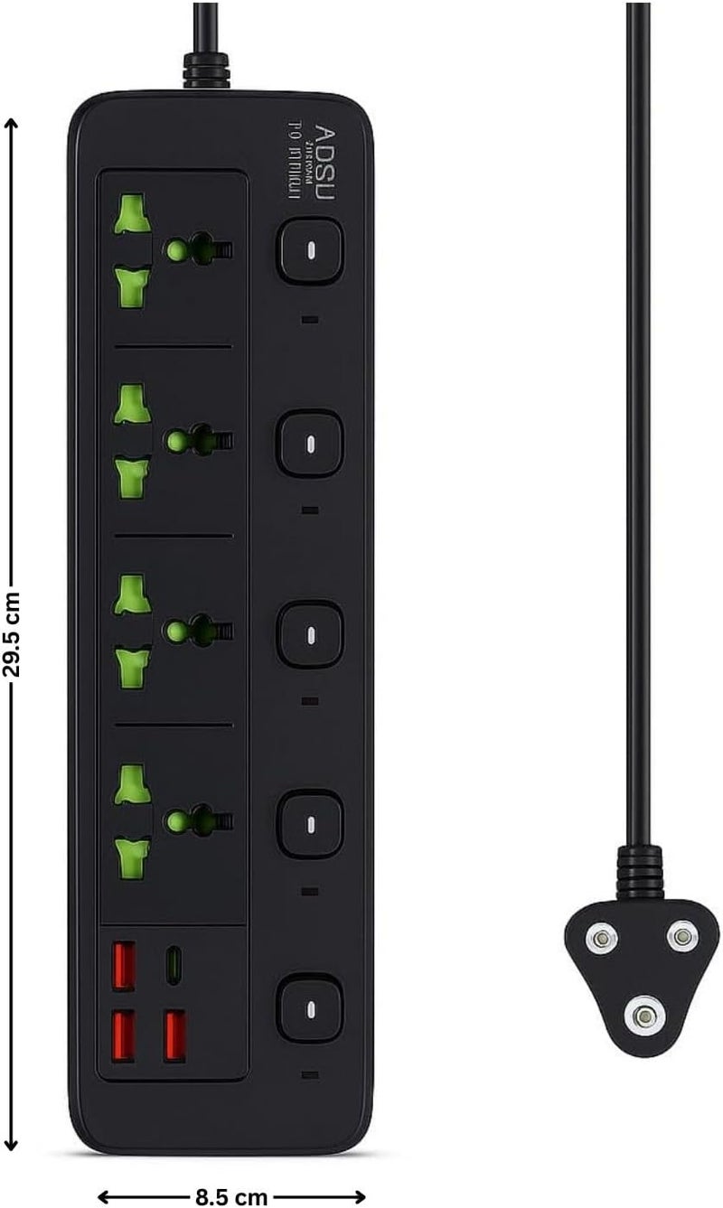 NOJTI لوح تمديد، شريط كهربائي بـ 6 منافذ USB و٣ منافذ عامة، كابل تمديد بقدرة 2500 واط وجهد 10 أمبير، شريط كهربائي مزود بحامي من الصدمات الكهربائية ثلاثي الأطراف للاستخدام المنزلي والمكتبي وأجهزة الكمبيوتر وشحن الهواتف المحمولة (لون أسود - A85) - Image 1