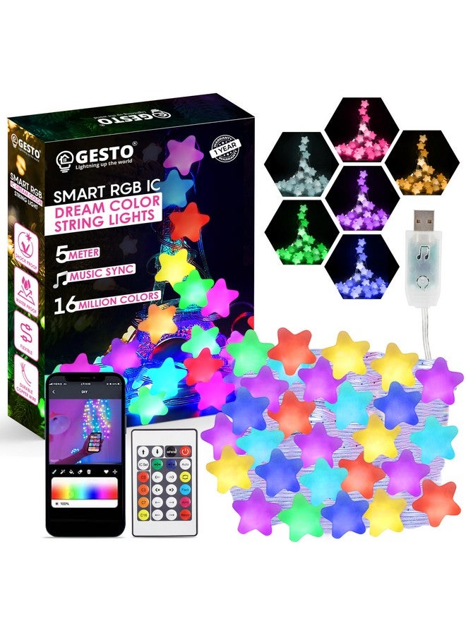 Gesto أضواء سلسلة شكل نجمة Gesto 5V - أضواء LED ذكية متزامنة مع الموسيقى عبر USB مع تحكم عن بُعد وتطبيق، أضواء خرافية تتغير ألوانها RGB للغرفة، ديكور المنزل، زينة ديوالي، عيد الميلاد (5 متر، 33 LED) - Image 1