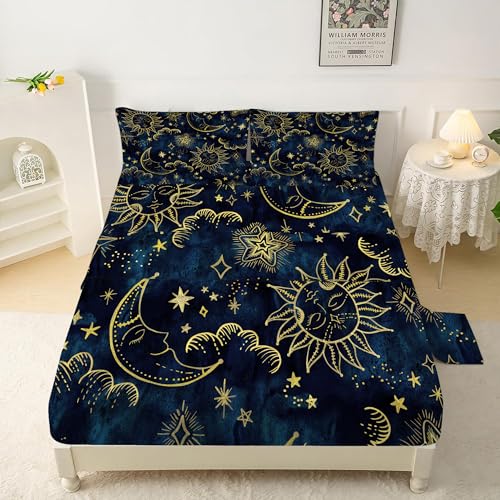 FUYEUN Sun and Moon Sheets Sets Queen Size 4 Pcs Celestial Starry Galaxy Boho Fitted Sheets Bedding for Women Girls Teen Hippie Constellation Bed Sheets with 1 Flat & 2 Pillowcases - Image 1