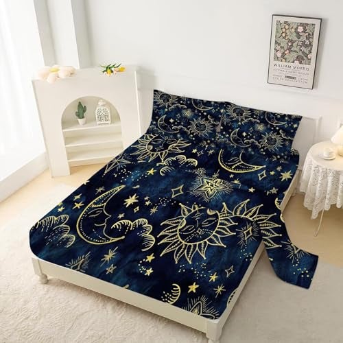FUYEUN Sun and Moon Sheets Sets Queen Size 4 Pcs Celestial Starry Galaxy Boho Fitted Sheets Bedding for Women Girls Teen Hippie Constellation Bed Sheets with 1 Flat & 2 Pillowcases - Image 2