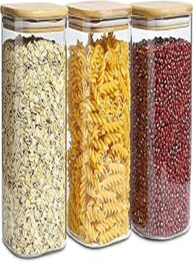 MACLOOM Square Glass Jars With Wood Lids Airtight And Stackable Storage Containers For Kitchen Pantry Bpa Free And Recyclable Canister For Food Cookies Coffee Pasta Sugar (3), Brown