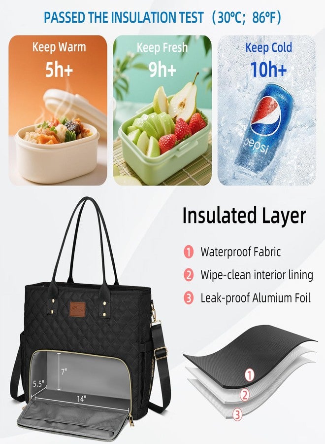 KKXIU Lunch Tote Bag for Teacher & Nurse, 15.6 Inch Laptop Tote with Insulated Lunch Box Pocket for Women, Professional Computer Work Bag for School, Office, Nursing - Black - Image 2