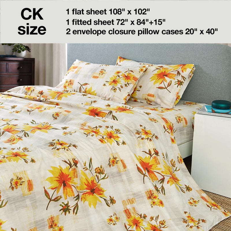 جي اس دي JSD Rustic الأصفر ورقة الأزهار مجموعة Cal King 4 قطعة صفائح الفراش الدقيقة المطبوعة - Image 3