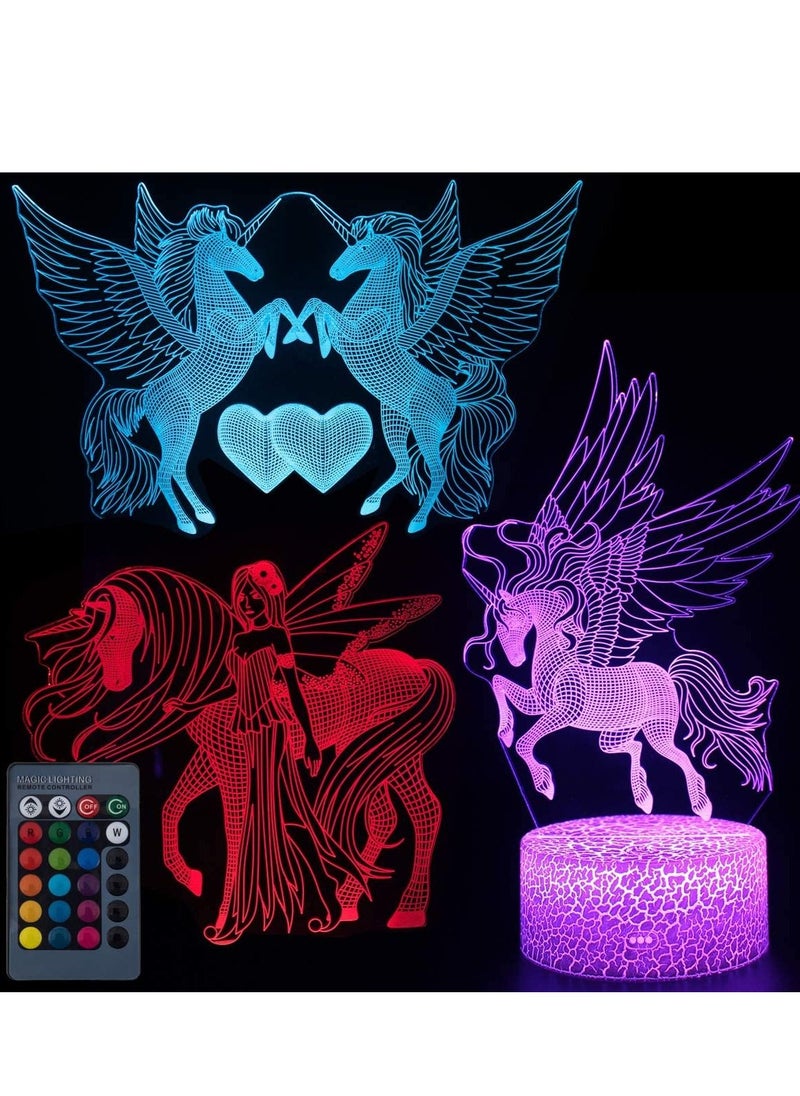 althiqahkey Multicolour Unicorn 3D Night Light Illusion Table Lamp with 16 Color and 4 Changing Modes USB Power Touch Switch with Remote Control for Room Decor Kids's Toy and Gifts 3 Pattern Boards  - Image 1