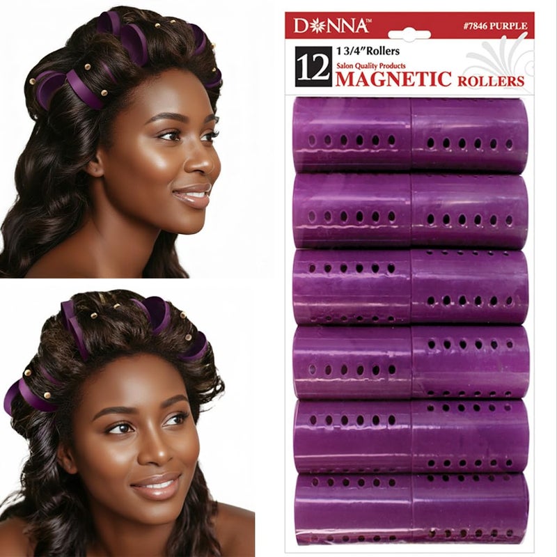 DONNA Rollers 1.75â€ â€“ 12-Pack Plastic Hair Rollers for Heatless Styling, Large Snap-On Curlers for Smooth Curls & Volume, Reusable Clip-Style Rollers for Women, Durable Salon Hair Rollers, Purple - Image 1