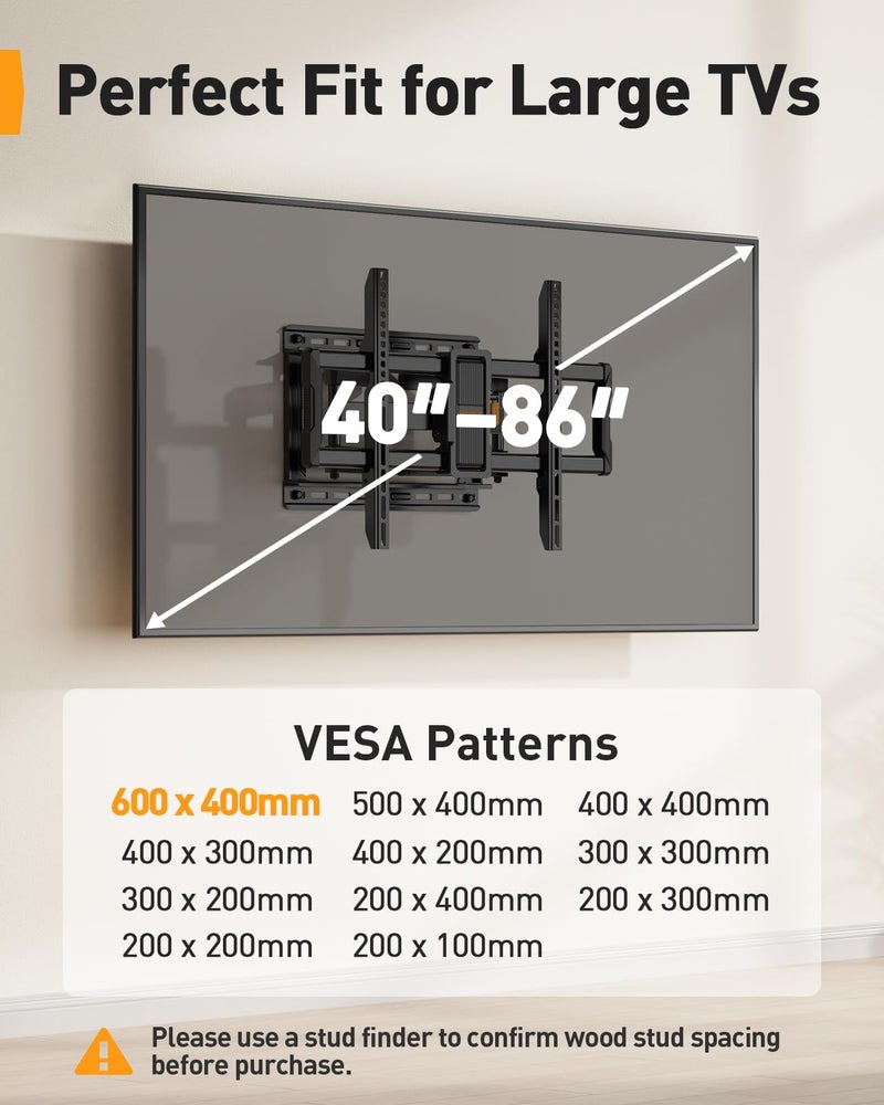 Perlegear UL-Listed Full Motion TV Wall Mount for 40–86 Inch Flat Curved TVs up to 132 lbs, 12″/16″ Wood Studs, TV Mount Bracket with Tool-Free Tilt, Swivel, Extension, Max VESA 600 x 400mm, PGLF15 - Image 2