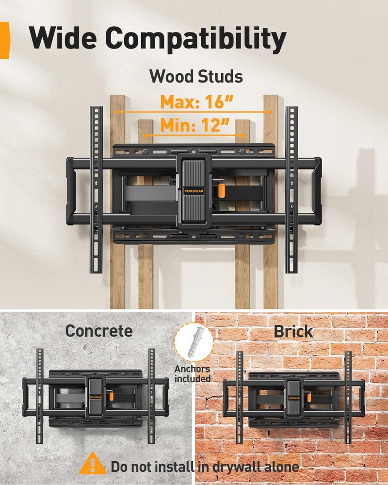 Perlegear UL-Listed Full Motion TV Wall Mount for 40–86 Inch Flat Curved TVs up to 132 lbs, 12″/16″ Wood Studs, TV Mount Bracket with Tool-Free Tilt, Swivel, Extension, Max VESA 600 x 400mm, PGLF15 - Image 5