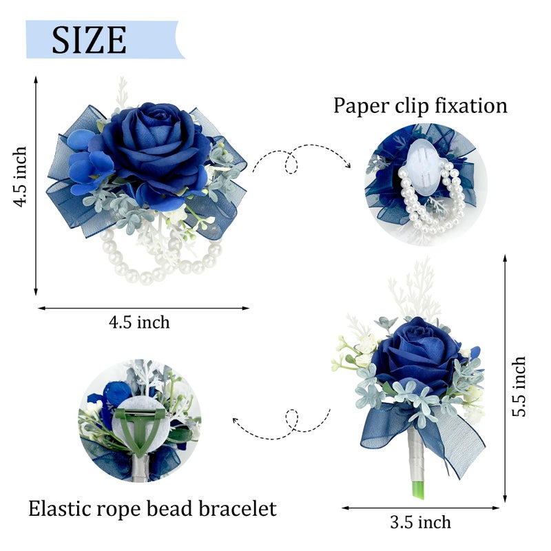 AWARDSEN Corsage Wristlet and Boutonniere Set Blue Wrist Corsage Double Pearl Bracelets Blue Pocket Boutonniere for Men Wedding Prom Party Suit Decor (2 Pack) - Image 3