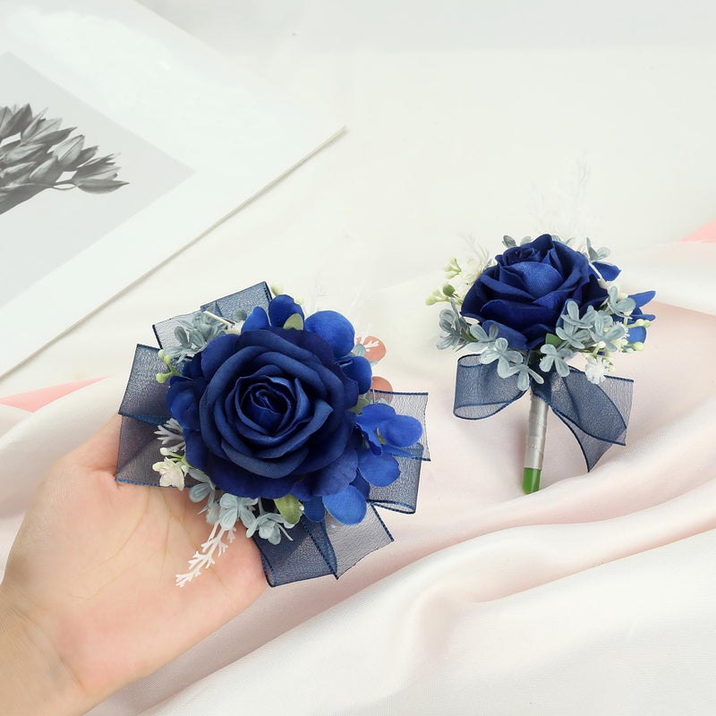 AWARDSEN Corsage Wristlet and Boutonniere Set Blue Wrist Corsage Double Pearl Bracelets Blue Pocket Boutonniere for Men Wedding Prom Party Suit Decor (2 Pack) - Image 2