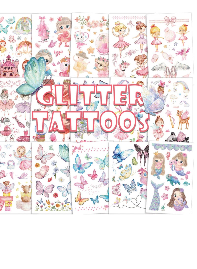 SYOSI Glitter Tattoos for Girls, Fake Kids Tattoos for Girls, Flower Fairy Princess Mermaid Butterfly Glitter Temporary Tattoos Stickers for Girls Gifts Decorations Kids Birthday Party Favor Bags - Image 2