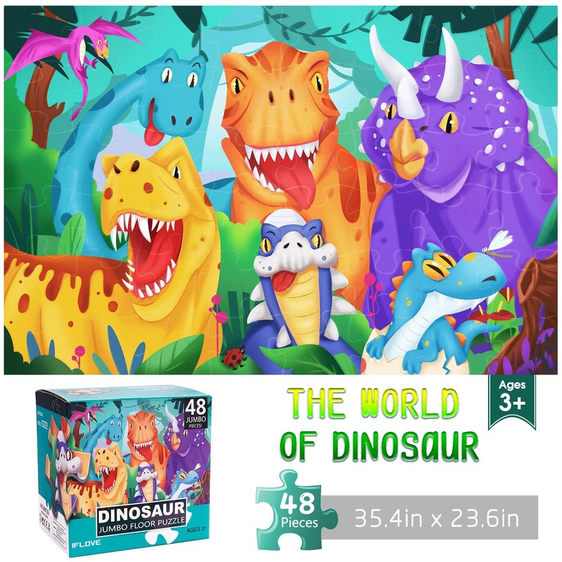 IFLOVE Jumbo Floor Puzzle for Kids Dinosaur Jigsaw Large Puzzles 48 Piece Ages 36 for Toddler Children Learning Preschool Educational Intellectual Development Toys 48 Years Old Easter Gift for Boy and Girl - Image 2