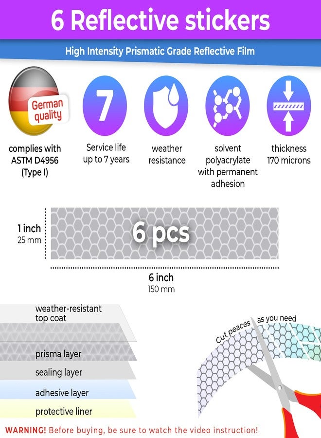 LOOM Reflective Stickers for Helmet | 6pcs Prism Gray | Similar to 3M Reflective Tape | Bike Reflectors for Night Riding, Mailbox reflectors | Waterproof hi vis Decals for Car, Trailer - Image 3