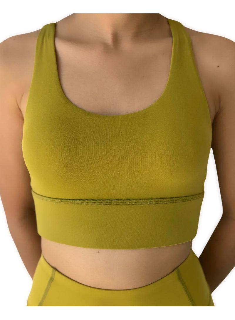 Texcraft Women's Sports Bra with Criss-Cross Back – High Elasticity & Breathable Workout Top-Mustard - Image 3