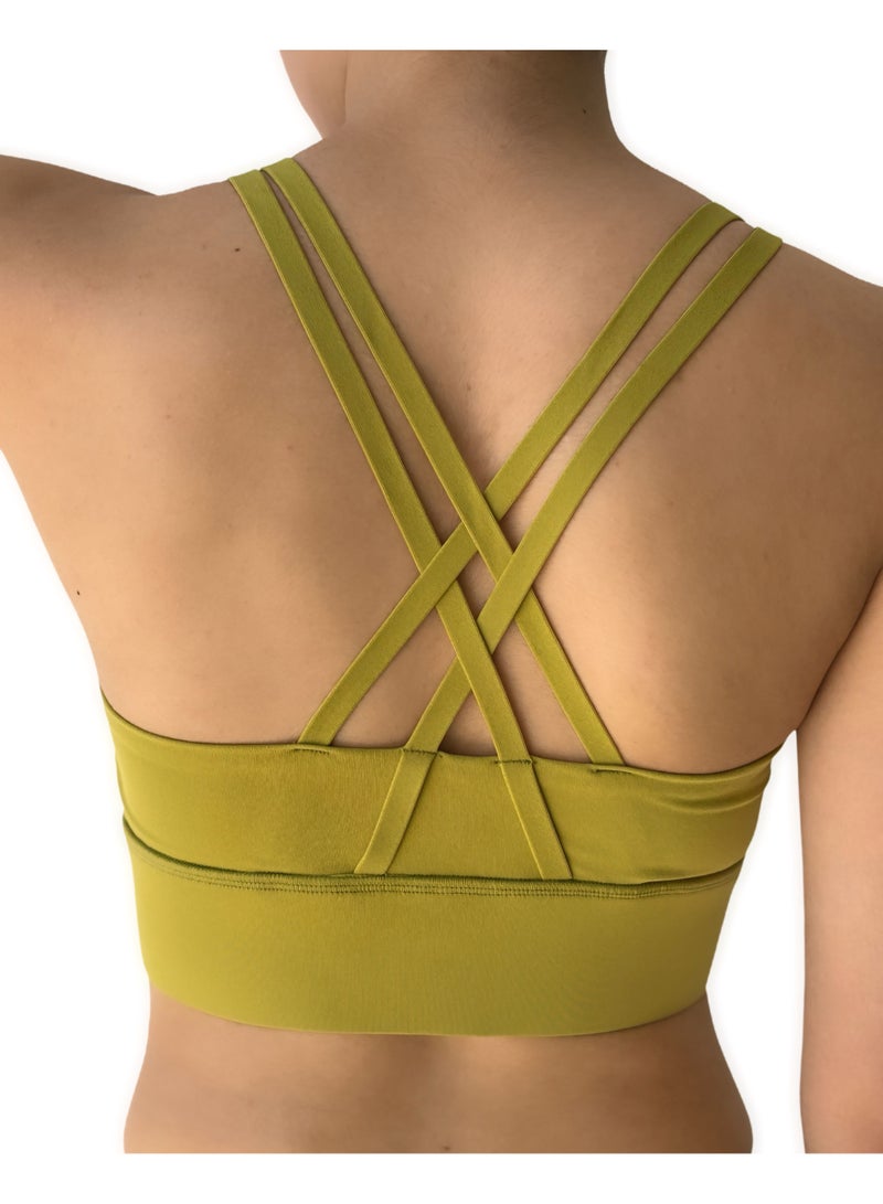 Texcraft Women's Sports Bra with Criss-Cross Back – High Elasticity & Breathable Workout Top-Mustard - Image 2