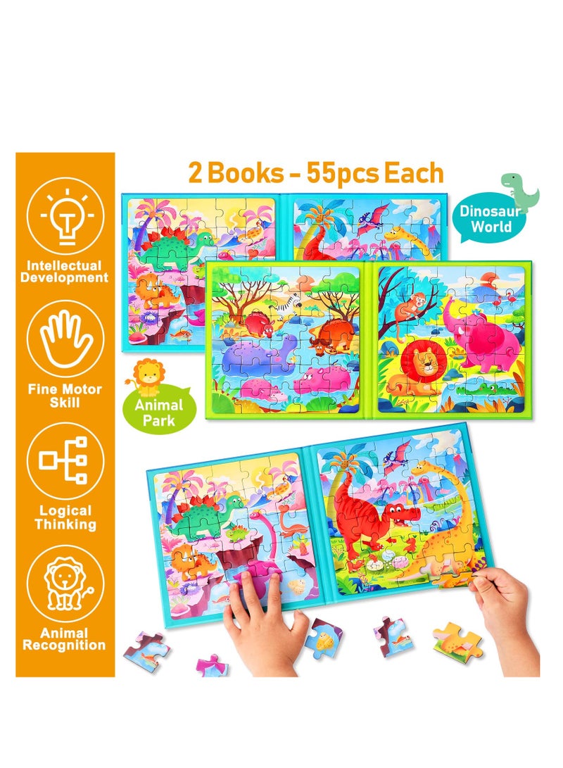 SYOSI Magnetic Puzzles for Kids Ages 3-5, Two-Book Set, 110 Pieces Dinosaur Animal Theme Travel Toddler Puzzles, Preschool Learning Activities Toddler Toys for 3 4 5 6 Year Old Boys Girls - Image 2