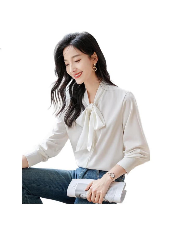 First Application Chushen Long-Sleeve Satin Blouse For Women, Versatile And Fashionable, With Bow Tie, White Shirt, S132C2366 - Image 2